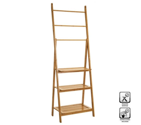 Immagine Scaffale Bagno 3 Ripiani con Porta Asciugamani a 3 Barre, Pieghevole in Legno di Bambù
