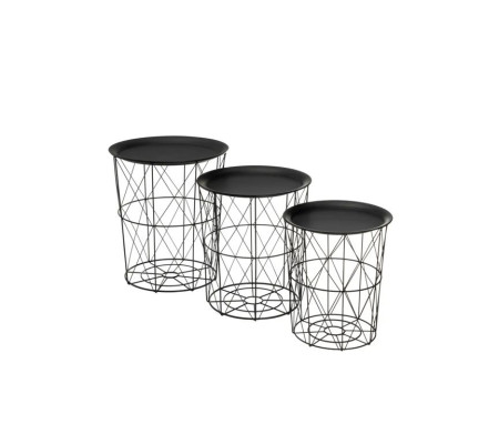 Immagine Set di 3 tavolini Contenitori in Metallo Tavoli Bassi con Base a Cestello Gabbia e Piano Rimovibile - Nero